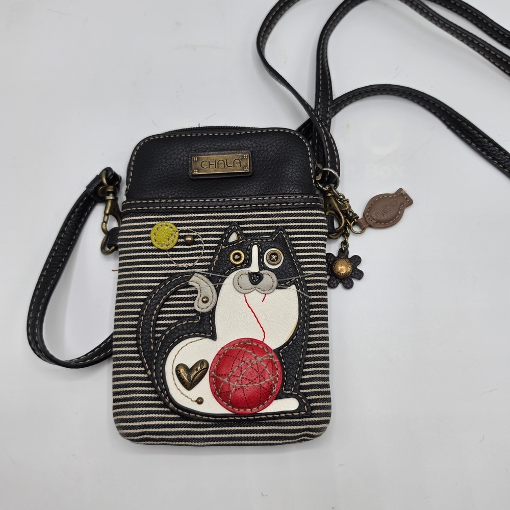 Chala Tuxedo Cat Cell Phone Crossbody Bag Black Striped Canvas Faux Leather
